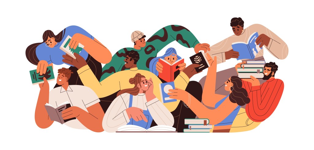 Diverse group of people sitting on the floor in a ring all reading books 